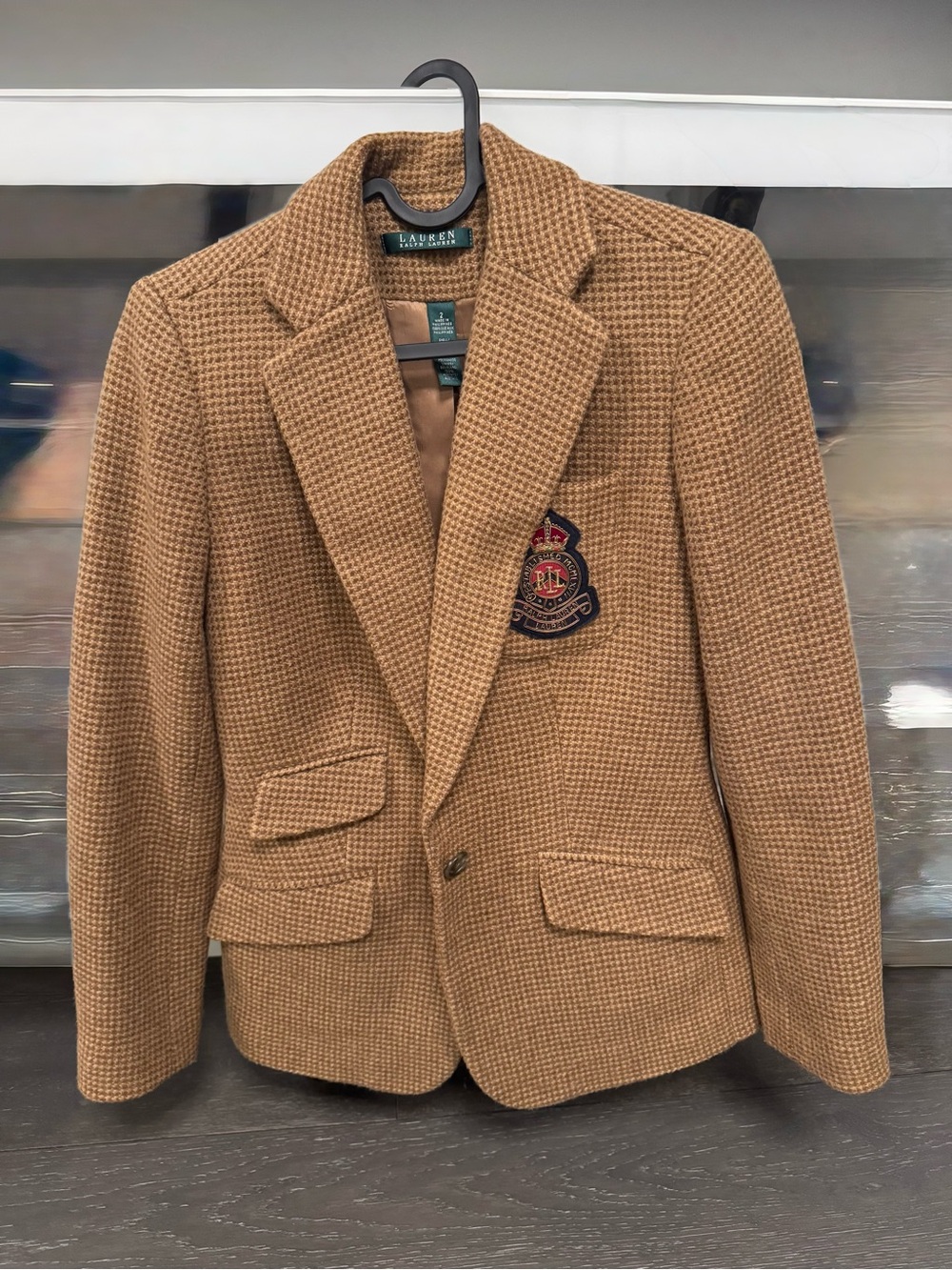 NWOT Lauren Ralph Lauren Brown RLL Crest Houndstooth Tweed Blazer Jacket size 2 - Picture 2 of 10